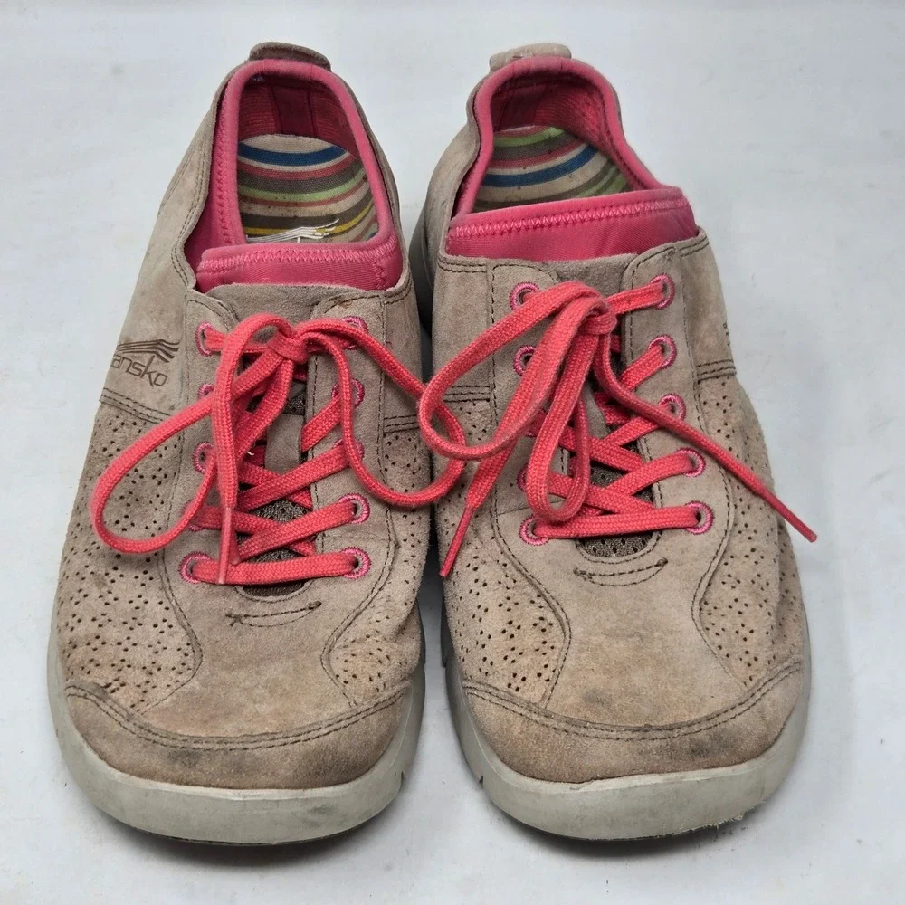 Dansko Womens Taupe Suede Pink Lace Up Comfort Walking Shoes Size 38 Slip Resist